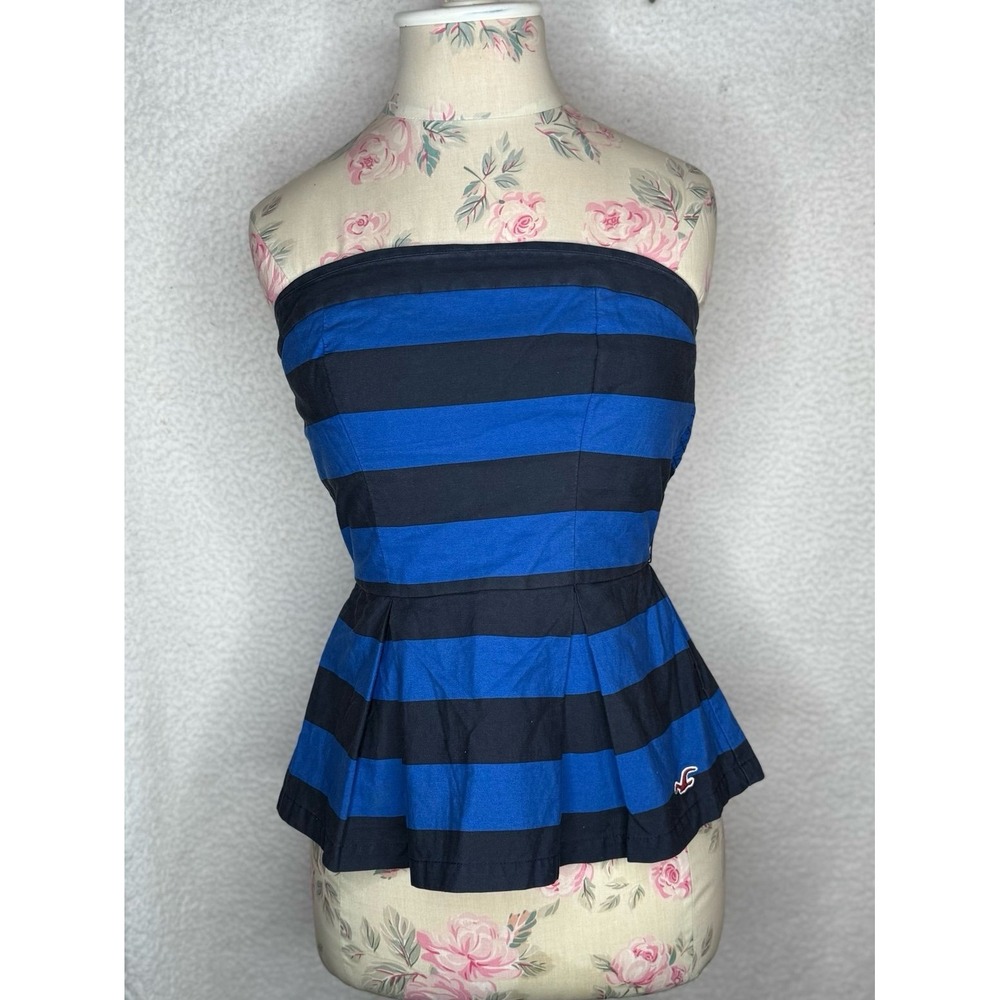 Hollister Blue Striped Strapless Peplum Tube Top Smocked Back Women's Sz S Y2K‎
